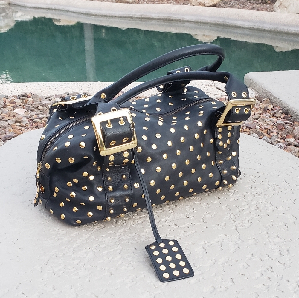 Besso EUC studded gold hardware black genuine leather satchel